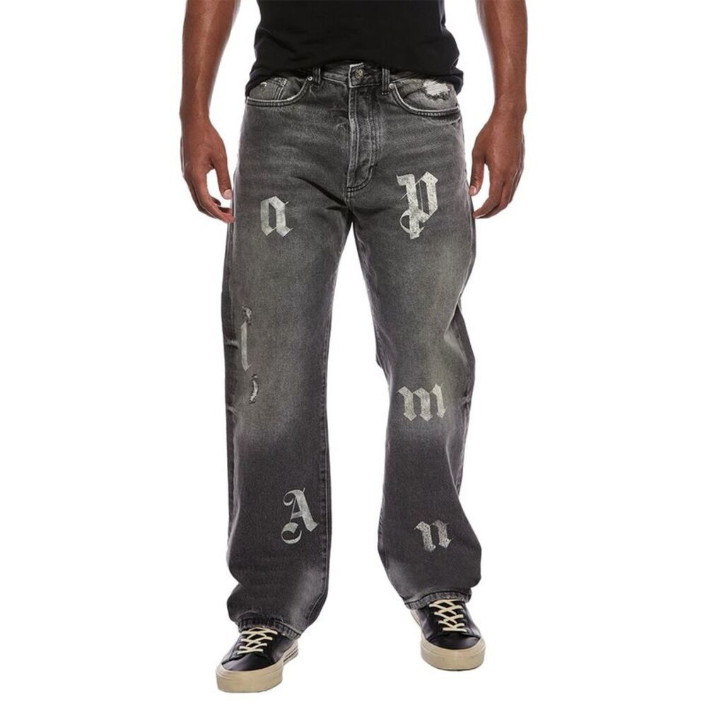 Palm Angels Womens  Distressed Letter Jean, Black